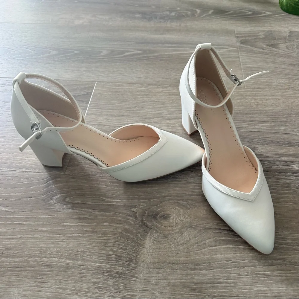 Bridal White Satin Ankle Strap Heels - Picture 5 of 13